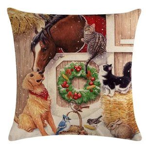 NEW CHRISTMAS DECOR FARM ANIMALS SLEIGH DECORATIVE LINEN BLEND PILLOW COVER 18"